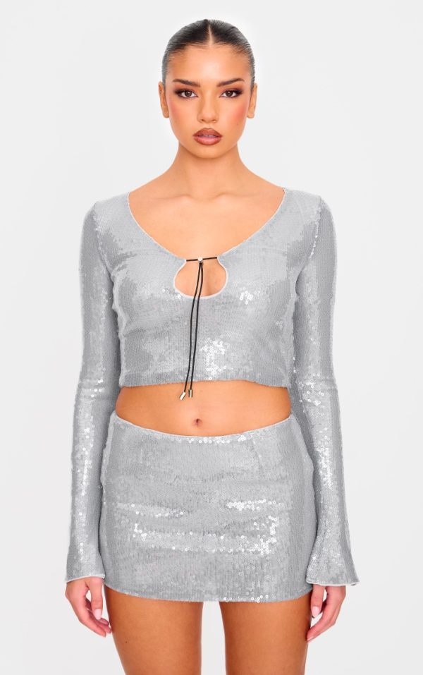 Silver Sequin Long Sleeve Tie Front Top