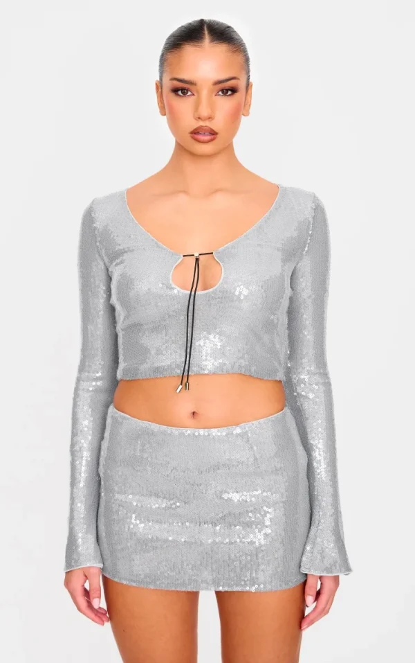Silver Sequin Long Sleeve Tie Front Top