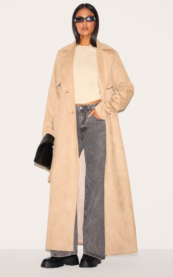 Tall Stone Faux Suede Belted Maxi Trench Coat