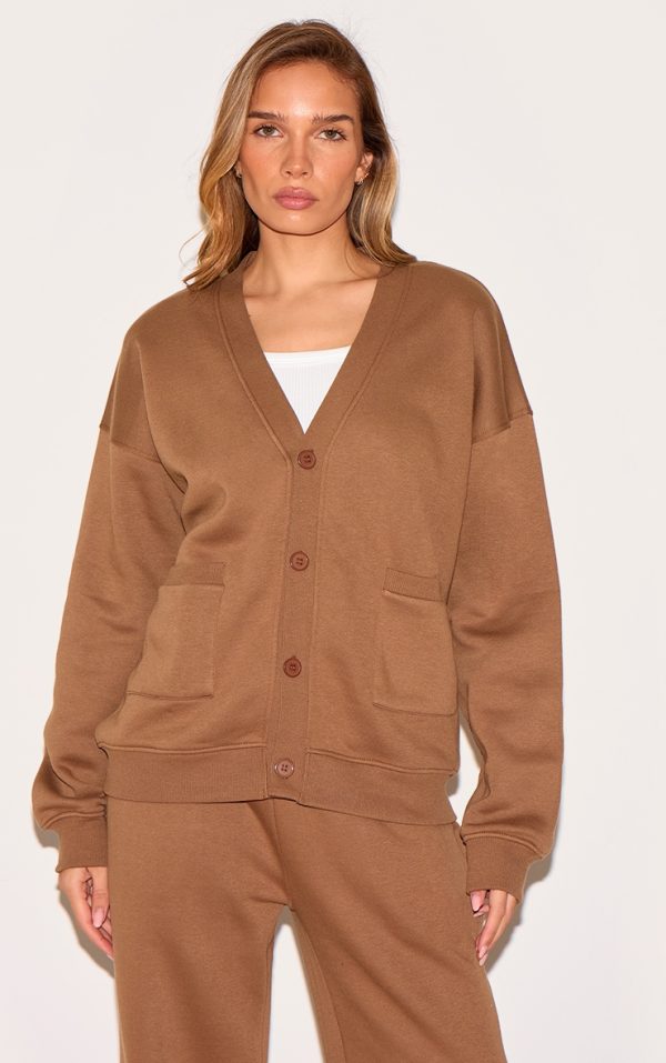 Taupe Button Front Pocket Sweat Cardigan