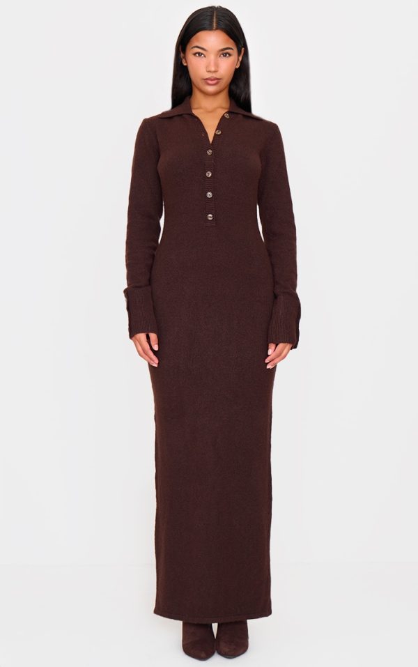 Chocolate Soft Bobble Knit Button Up Collar Detail Maxi Dress