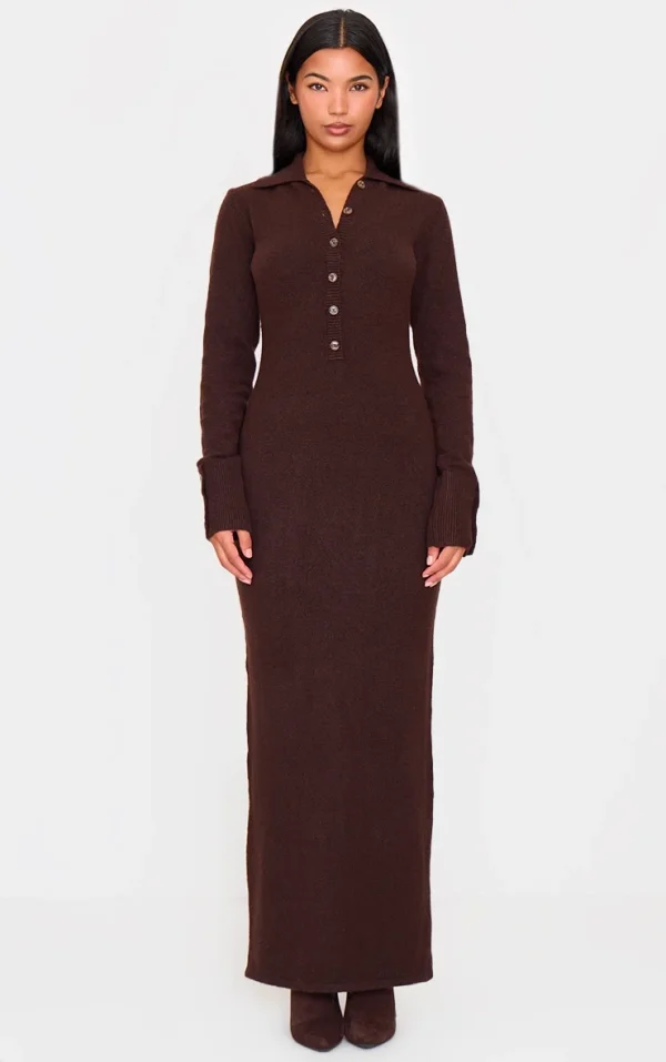 Chocolate Soft Bobble Knit Button Up Collar Detail Maxi Dress