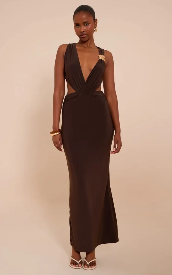 Chocolate Double Layer Slinky Plunge Cut Out Maxi Dress