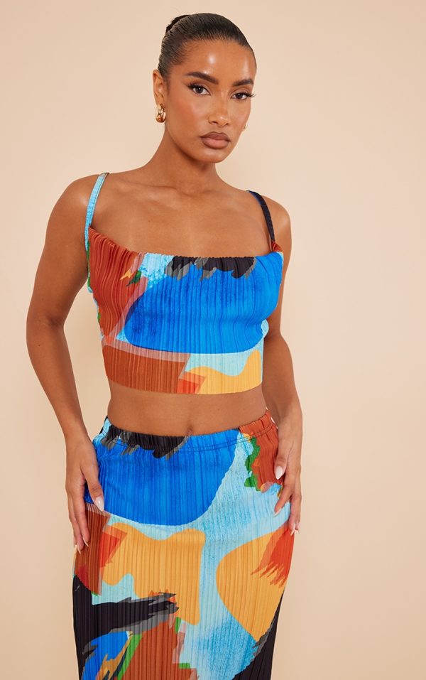 Blue Abstract Print Plisse Strappy Cowl Neck Top