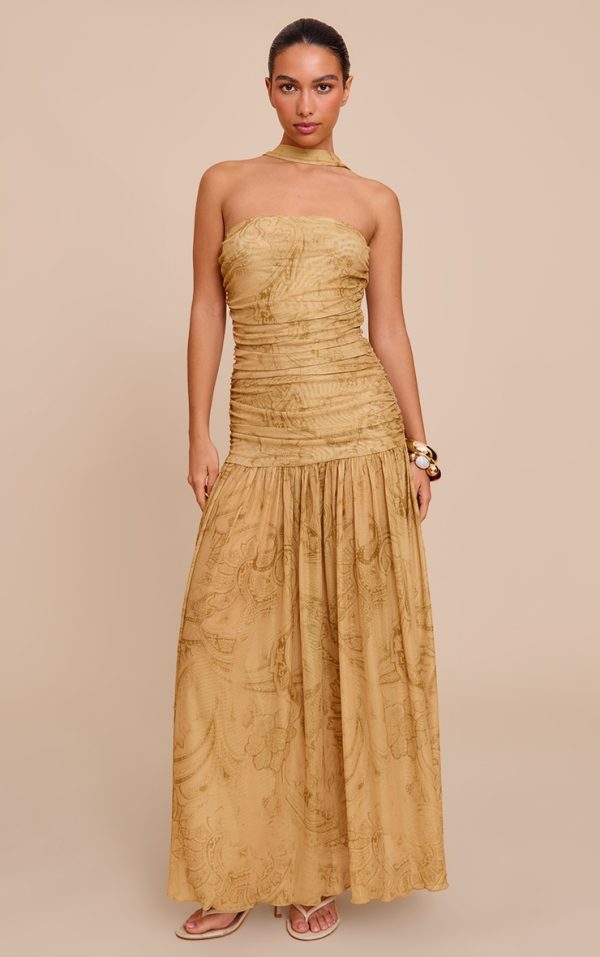 Stone Paisley Print Ruched Scarf Dropped Waist Maxi Dress