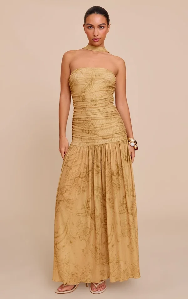 Stone Paisley Print Ruched Scarf Dropped Waist Maxi Dress