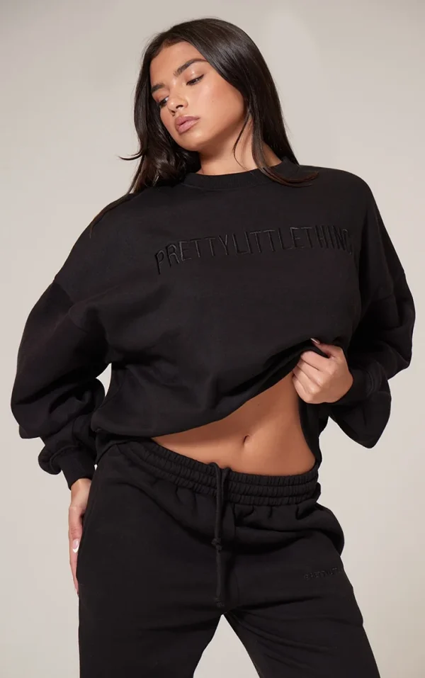 PRETTYLITTLETHING Black Boxy Embroidered Sweatshirt