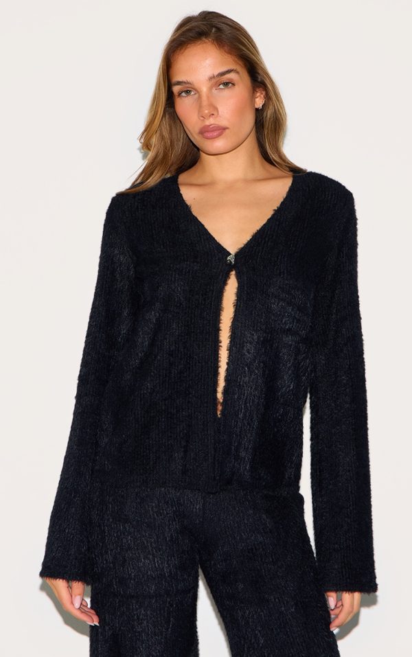 Black Textured V Neck Button Cardigan