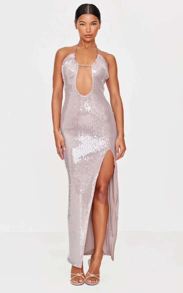 Taupe Sequin Tie Neck Cut Out Maxi Dress