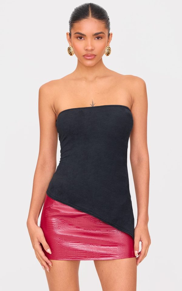 Black Faux Suede Asymmetric Hem Bandeau Top