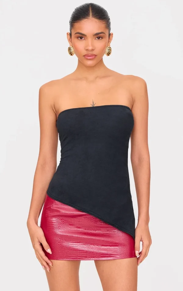 Black Faux Suede Asymmetric Hem Bandeau Top
