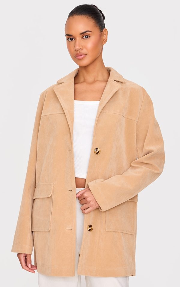 Beige Oversized Longline Faux Suede Blazer Coat