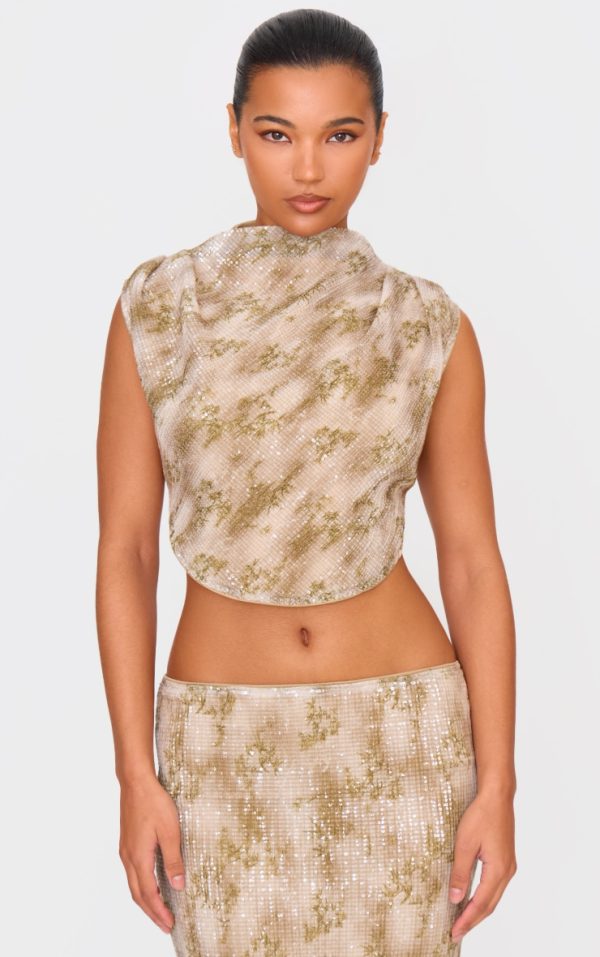 Green Sequin Tie Back High Neck Cowl Crop Top