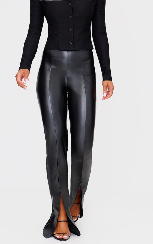Black Faux Leather Seam Detail Split Hem Pants