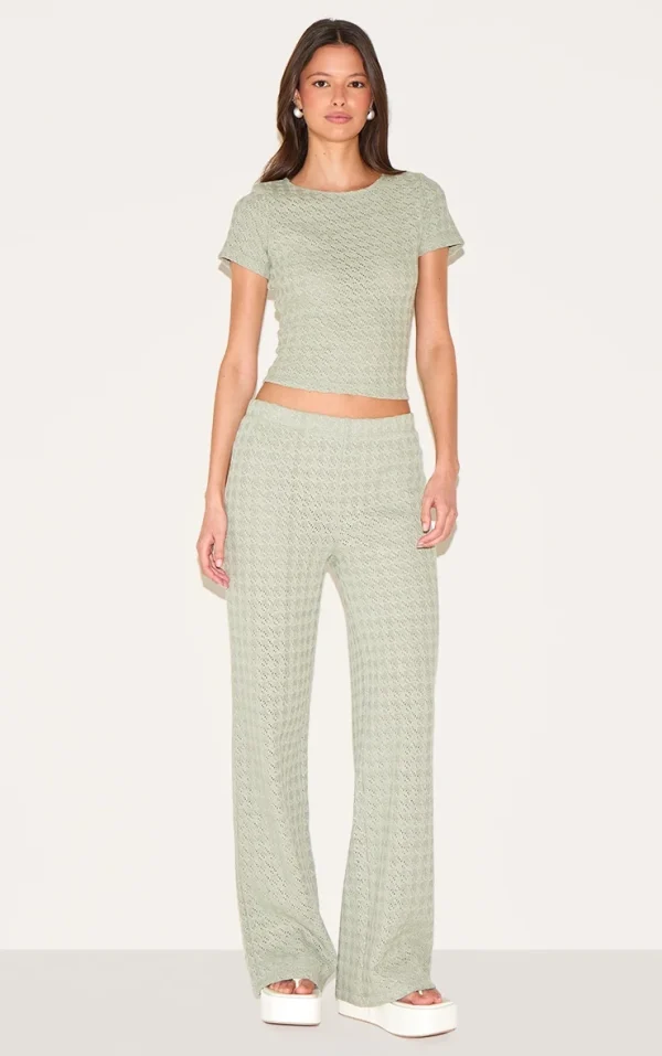 Sage Green Textured Straight Leg Pants