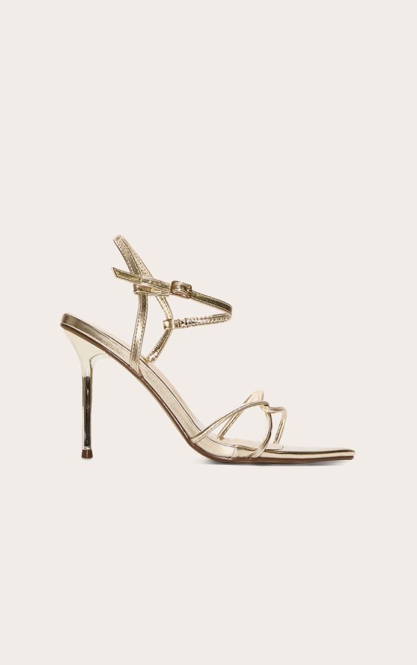 Gold Pu Point Toe Thin Strappy High Stiletto Heeled Sandals