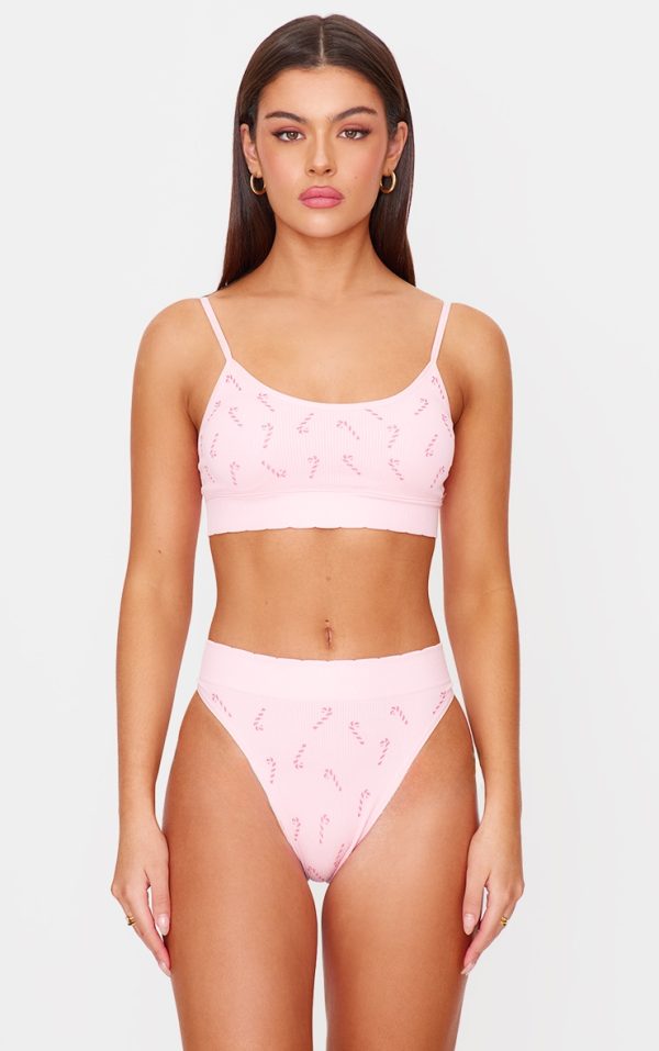 Pink Candy Cane Print Ribbed Scoop Neck Bralette
