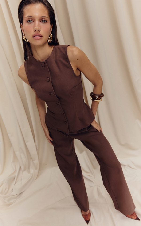 Chocolate Brown High Neck Vest Straight Leg Jumpsuit