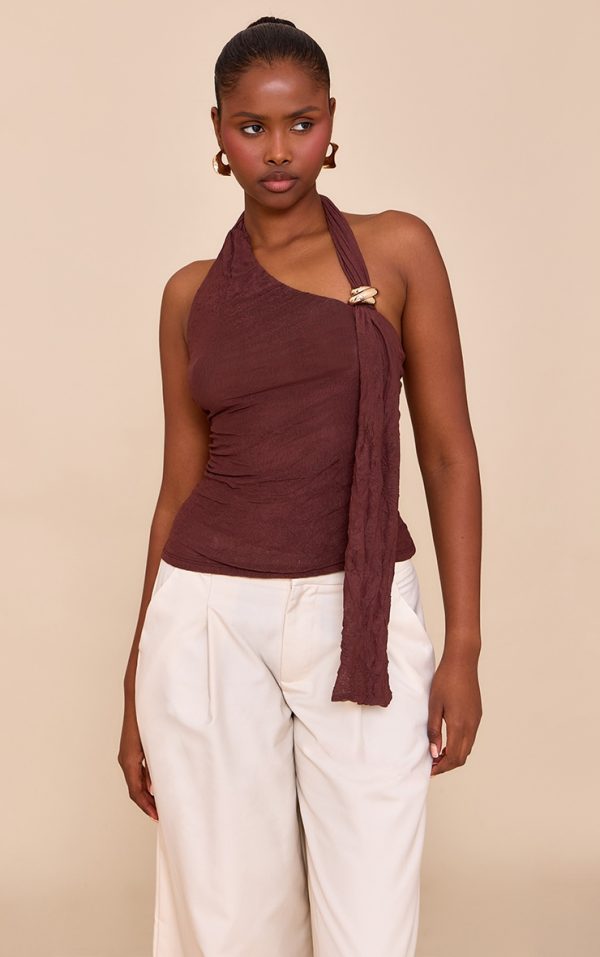 Chocolate Double Layer Crinkle Mesh Drape Detail Long Top