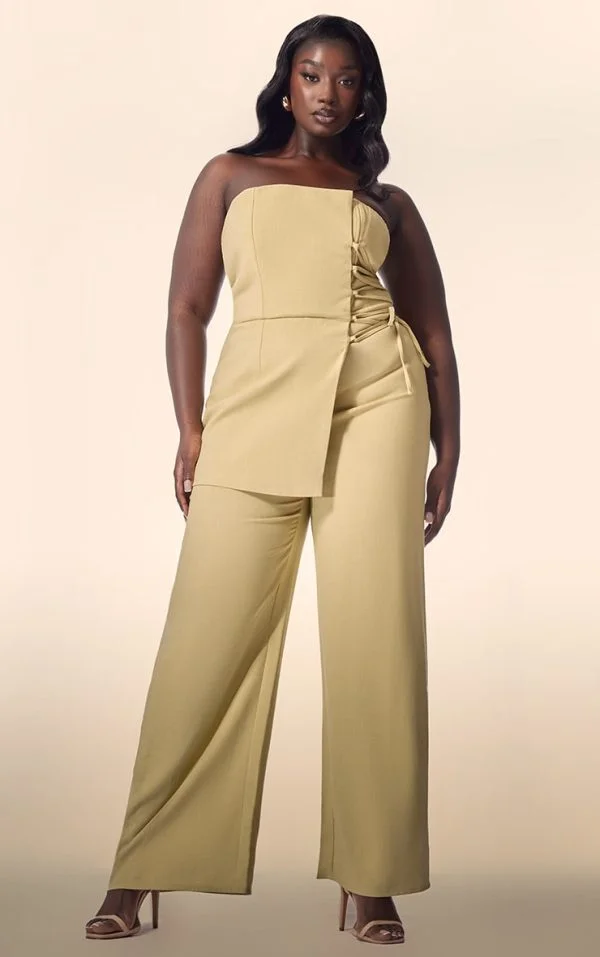 PLT Label Plus Chartreuse Overlay Panel Lace Up Tailored Jumpsuit