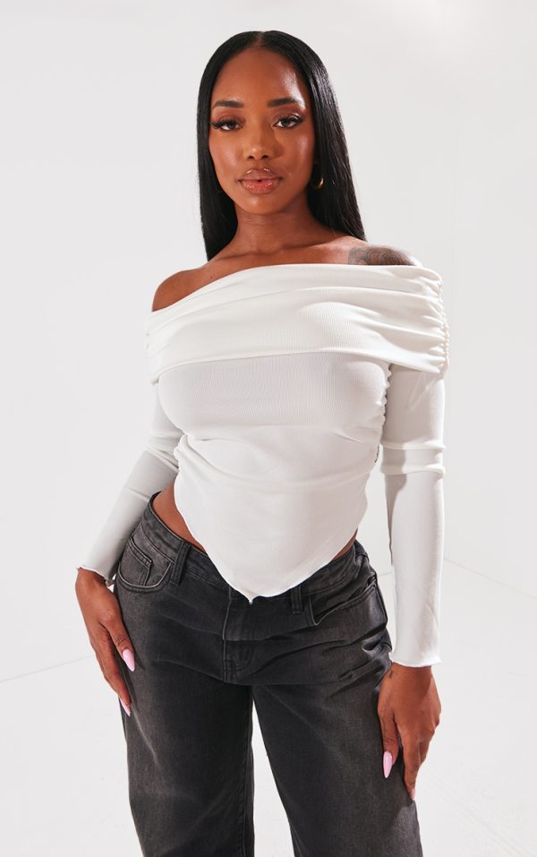 Shape White Rib Bardot Ruched Side Longline Top