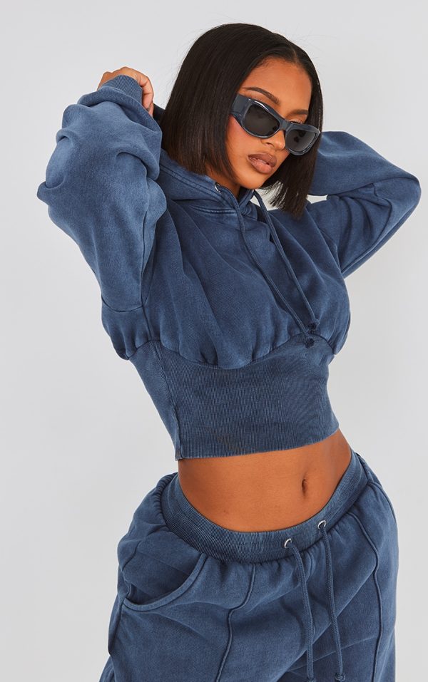 Shape Blue Sweat Cropped Shirred Waist Hoodie