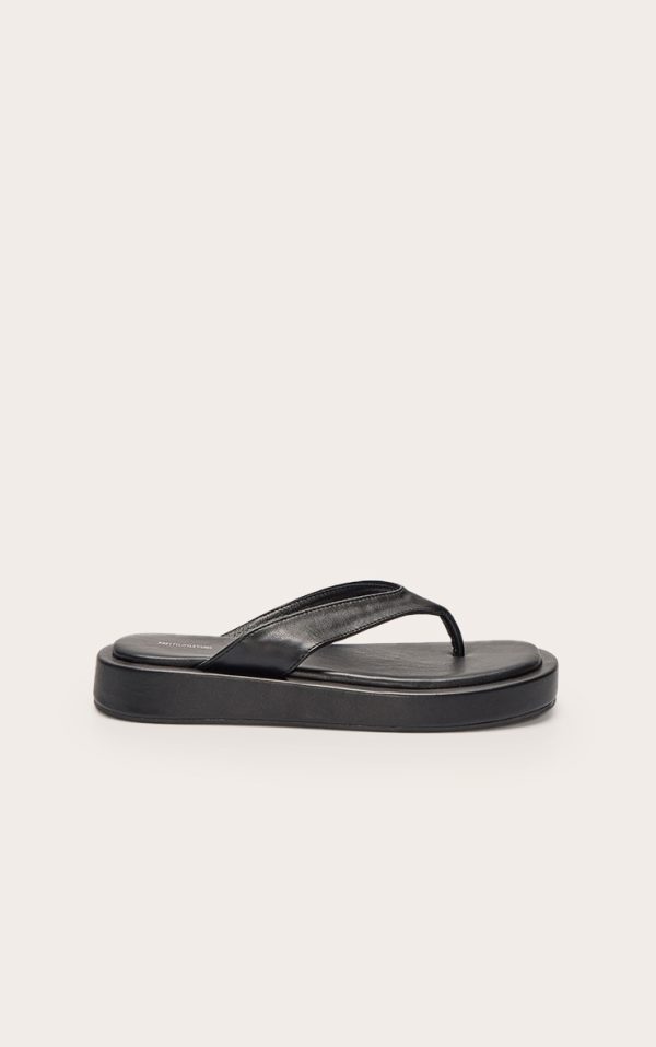 Black Pu Round Toe Thong Flatform Sandals