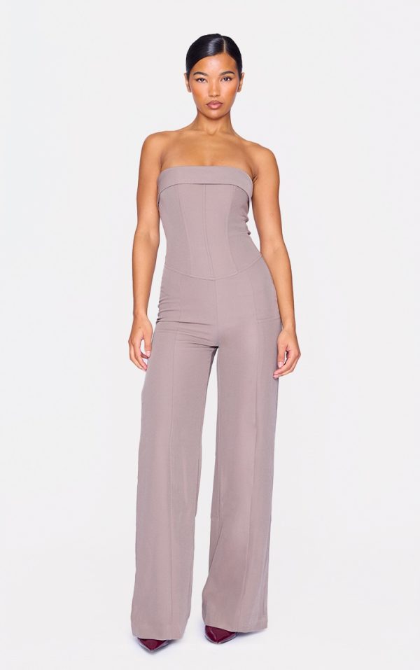 Taupe Premium Woven Bandeau Coreset Straight Leg Jumpsuit