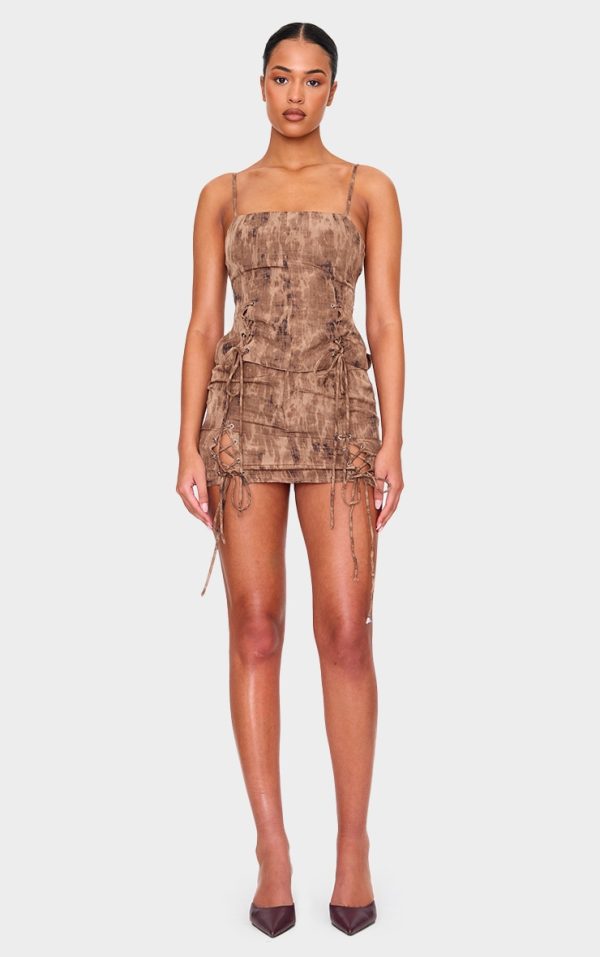 Tall Washed Brown Lace Up Side Mini Skirt