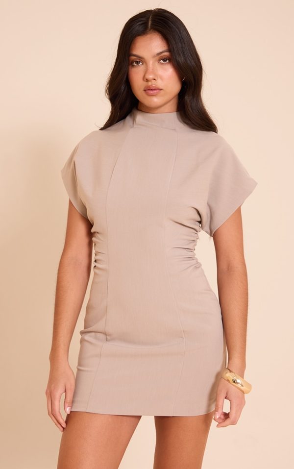 Taupe Cape Sleeve Ruched Detail Mini Dress
