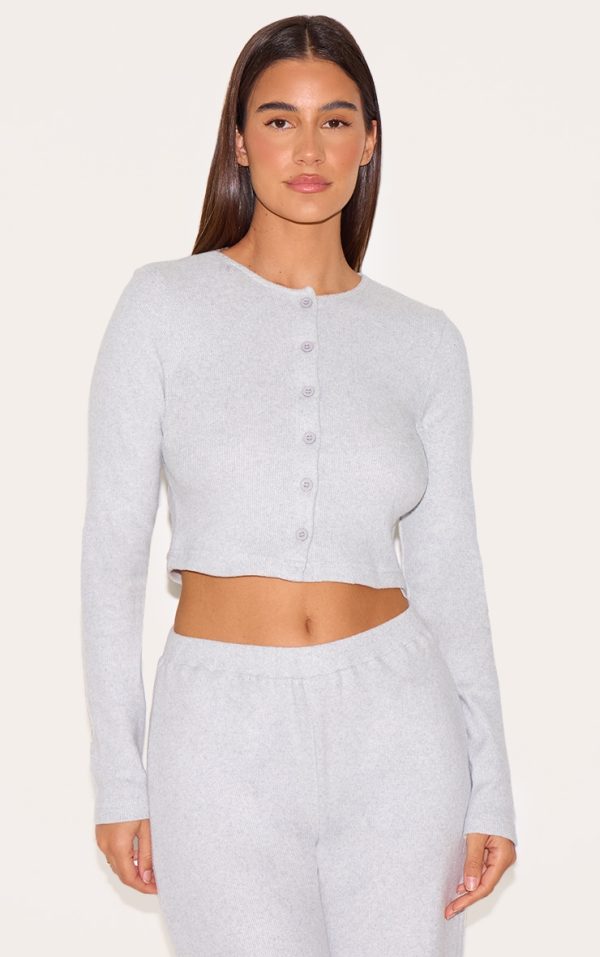 Ash Grey Brushed Rib Button Front Cardigan