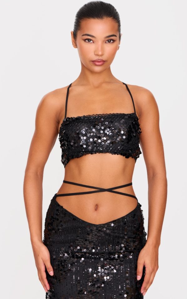 Black Sequin Strap Detail Crop Top