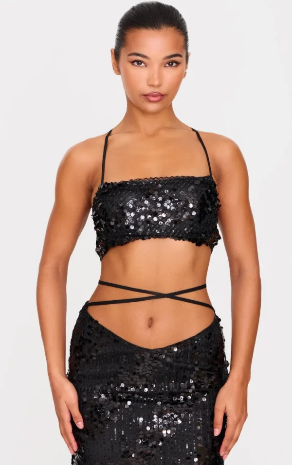 Black Sequin Strap Detail Crop Top