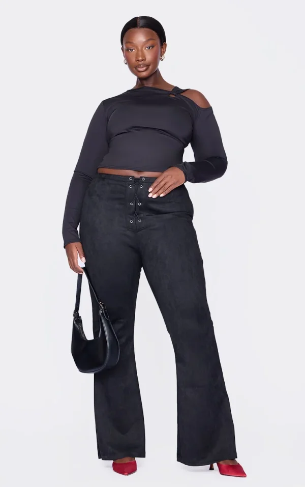 Plus Black Contour Long Sleeve Knot Detail Top