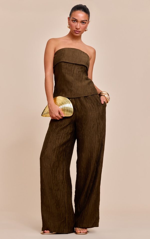Khaki Textured Woven Mid Rise Wide Leg Pants