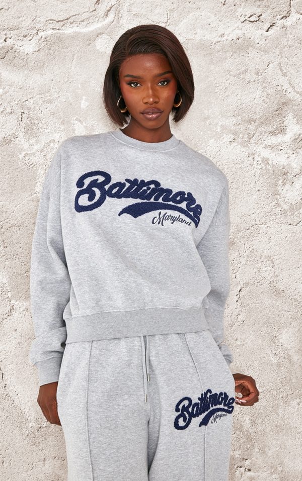 Tall Grey Marl Baltimore Borg Applique Detail Oversized Sweatshirt