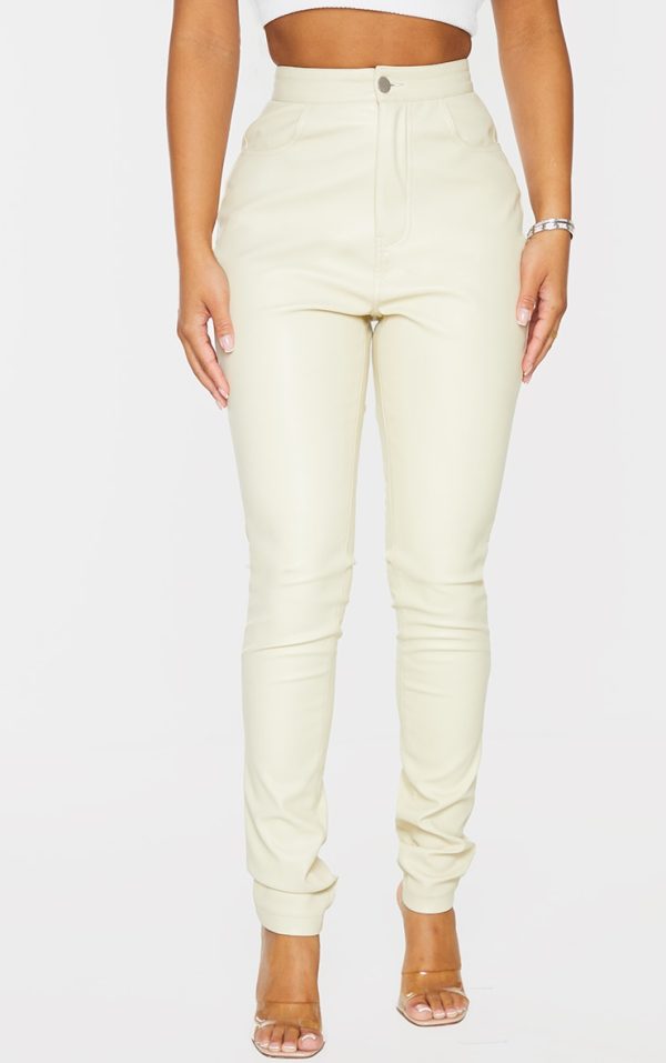 Petite Cream Button Up Faux Leather Skinny Pants