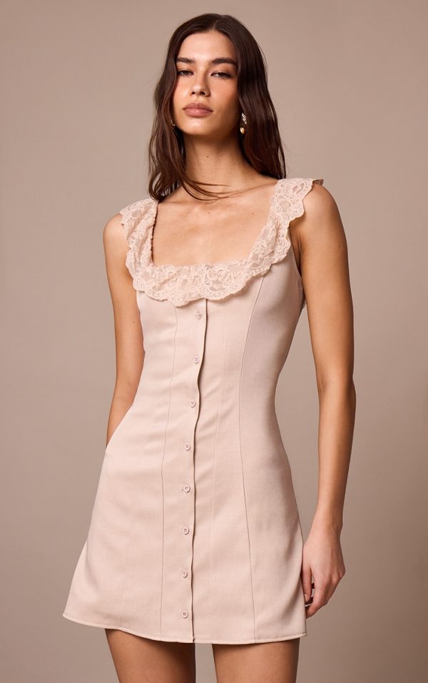 Warm Beige Lace Button Up Trim Corset A-line Dress