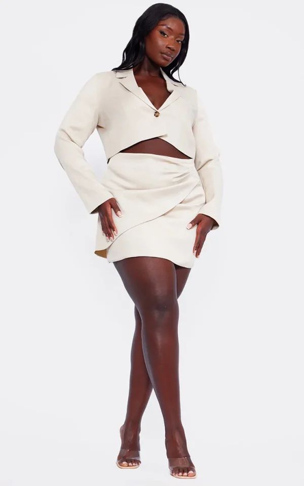 Plus Stone Linen Look Ruched Detail Mini Skirt