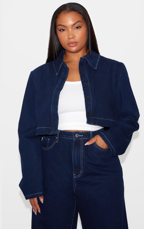 Plus Indigo Cropped Denim Contrast Stitch Jacket