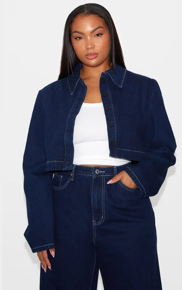 Plus Indigo Cropped Denim Contrast Stitch Jacket