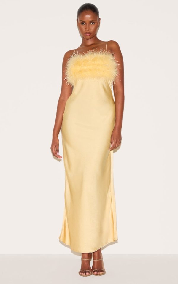 Lemon Satin Feather Bust Detail Strappy Maxi Dress