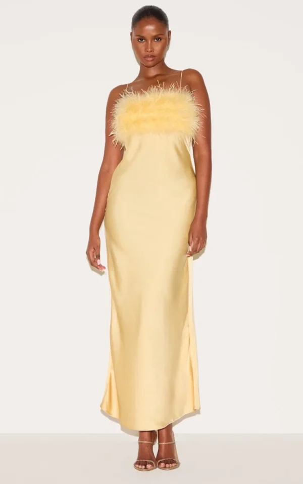 Lemon Satin Feather Bust Detail Strappy Maxi Dress