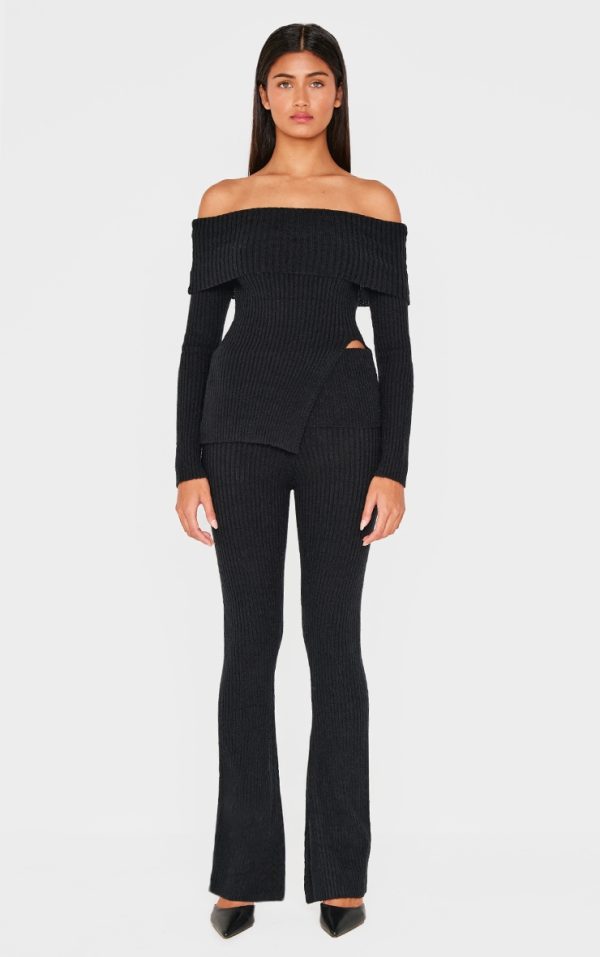 Black Flared Leg Knitted Fold Over Waist Pants