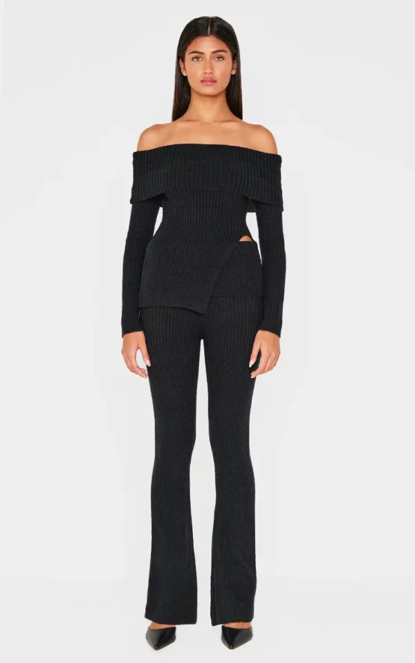 Black Flared Leg Knitted Fold Over Waist Pants