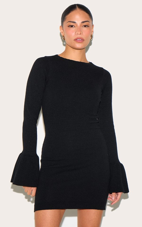 Petite Black Fine Knit Boatneck Mini Dress