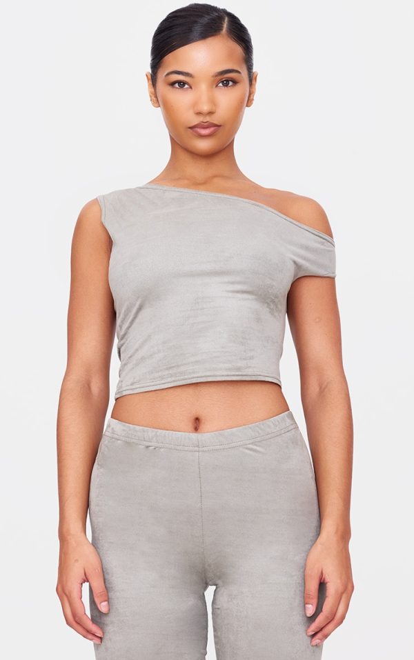 Light Khaki Faux Suede Asymmetric Crop Top