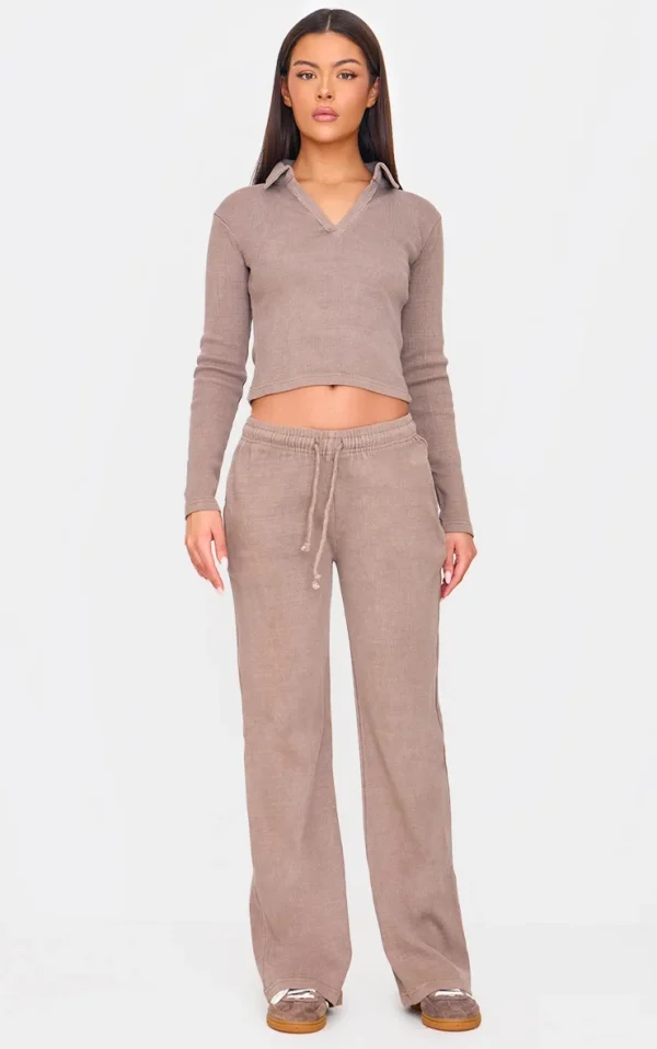 Taupe Washed Ribbed Wide Leg Pants