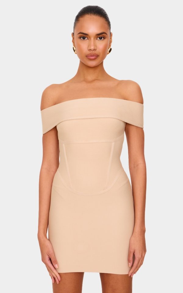 Beige Bandage Corset Detail Off The Shoulder Mini Dress