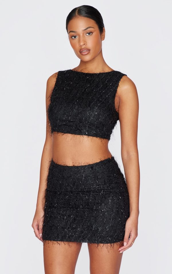 Tall Black Sequin Detail Open Back Crop Top